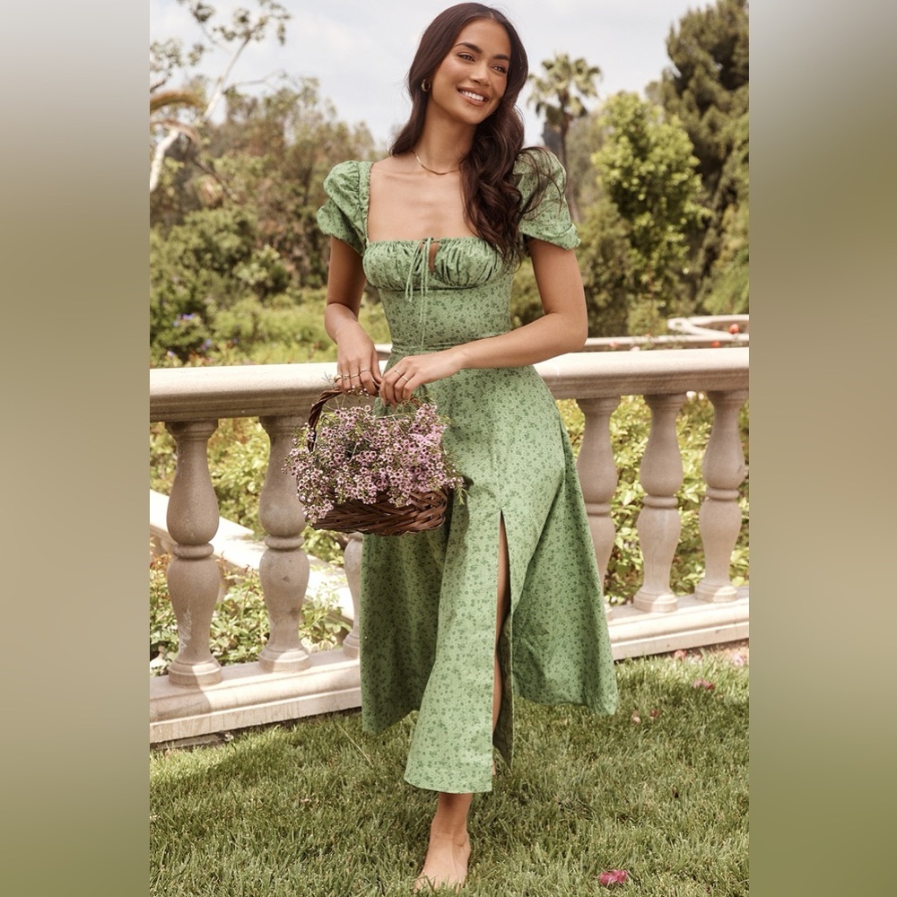 House of CB Tallulah Green Tonal Floral Puff Sleeve Midi Dress - Picture 2 of 8